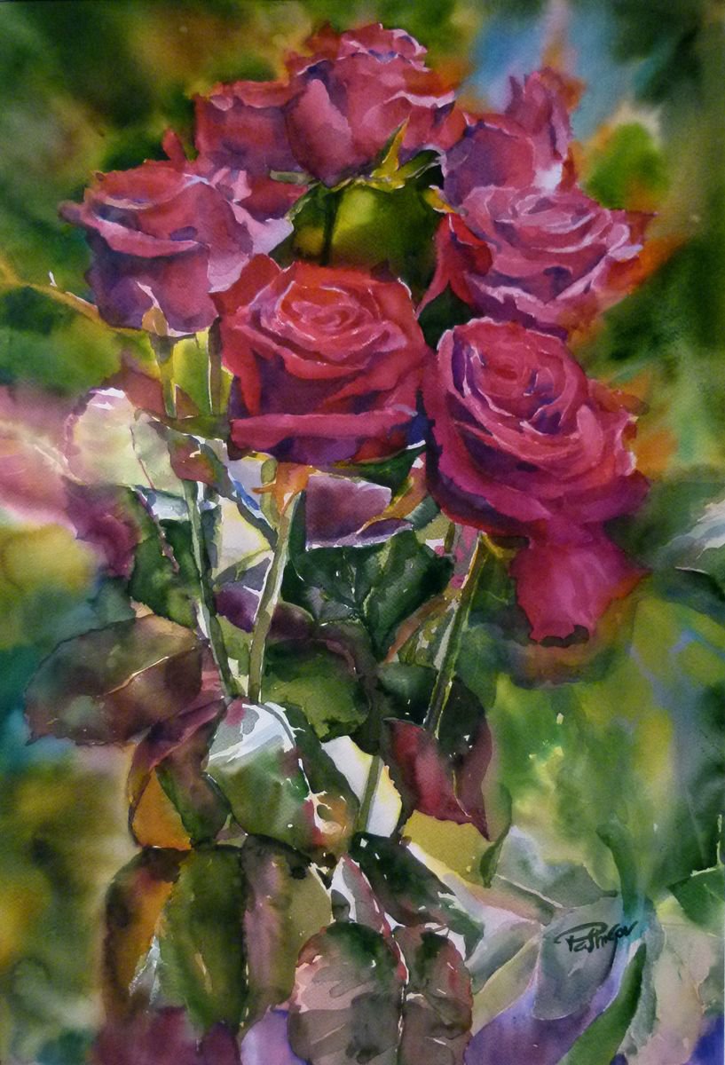 Impressionistic Botanical Watercolour By Yurii Pashkov, 20 X 28", Red Roses#2, Original Artwork