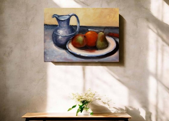 Still life with pewter jug and fruit