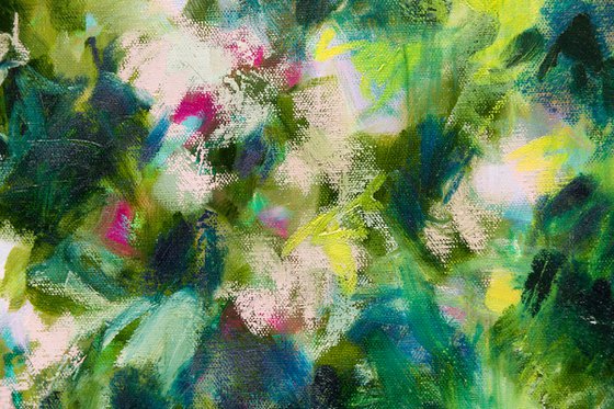 Ray of sunshine in the garden - Floral abstraction - seasonal colors green mauve yellow