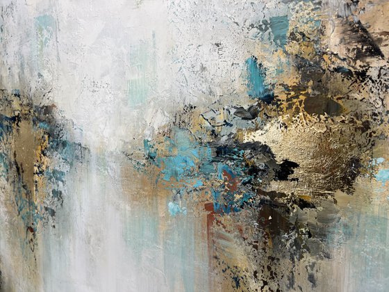 Awake - White Abstract Gold Teal Painting Original, Large Size, Gold Leaf, Sky, Living Room Art, Wall Art Decor Size: 48"x32" (120x80 cm)