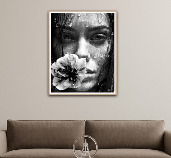 Girl with Flower in the Rain