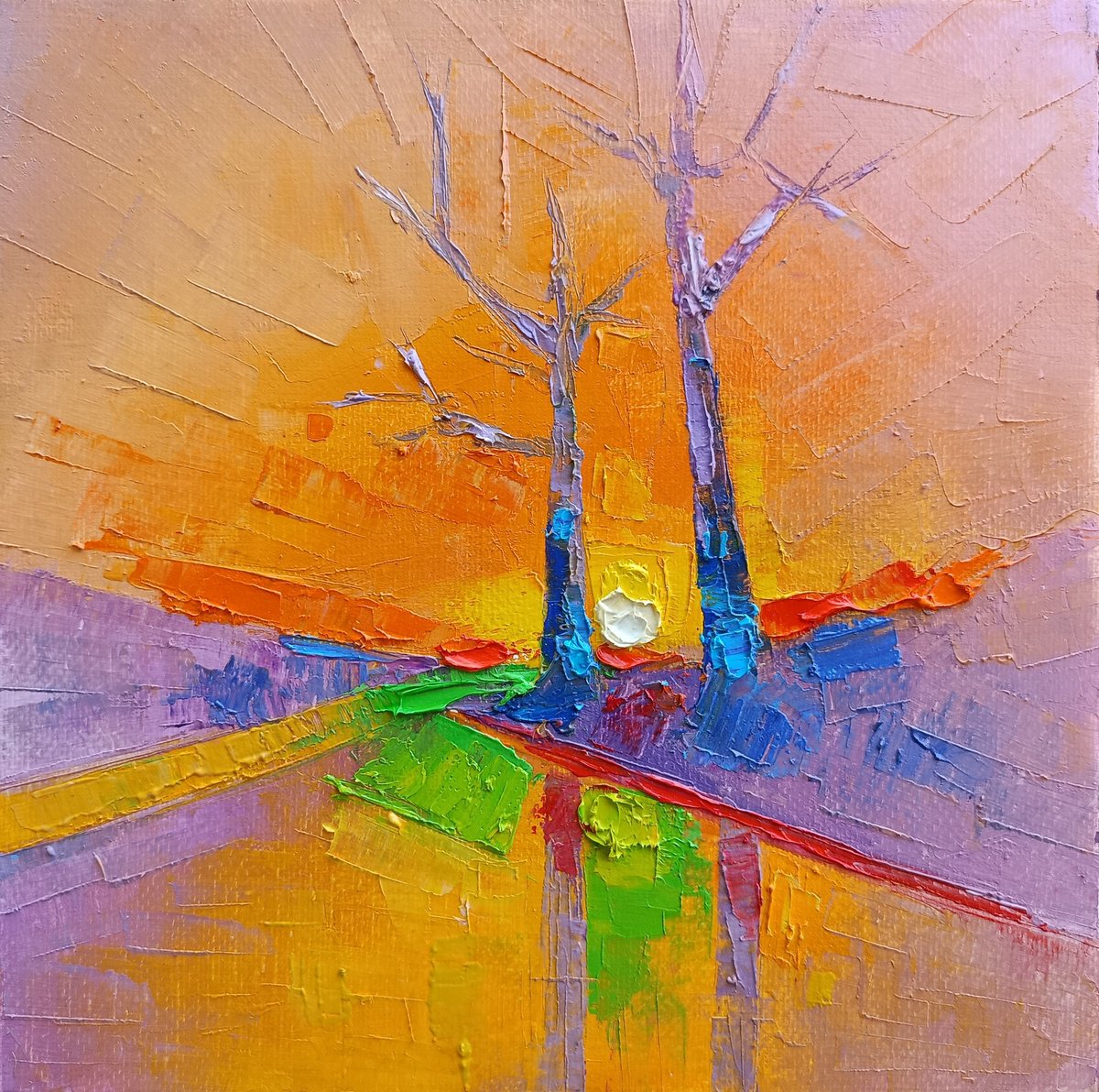 Abstract Landscape Oil Painting By Narek Qochunc, 8 X 8", Two Trees At Dusk, Original Artwork