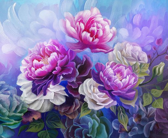 "Summer breath", peonies flowers art, floral painting, floral arrangement
