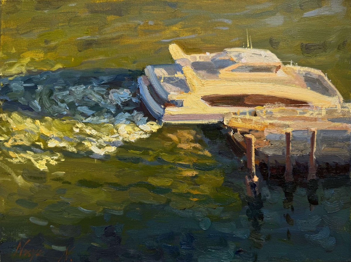 Impressionistic Cityscapes Oil Painting By Nataliia Nosyk, 14 X 10", Ferry Reflections, Original Artwork