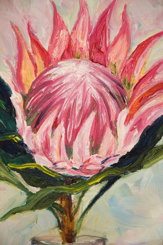 Flower protea original oil painting on canvas, pink plant in glass still life