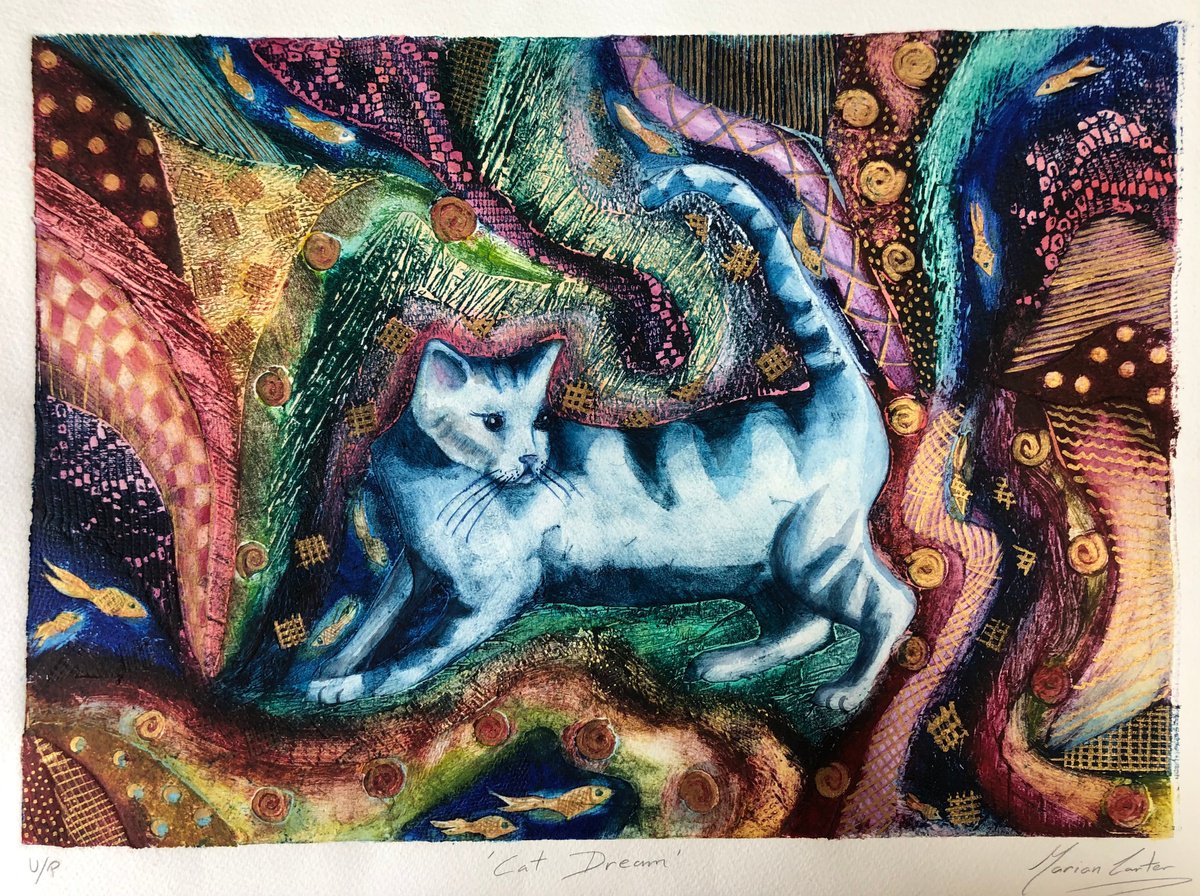 Illustrative Animal Limited Edition Print By Marian Carter, 19 X 14", Cat Dream, Original Artwork