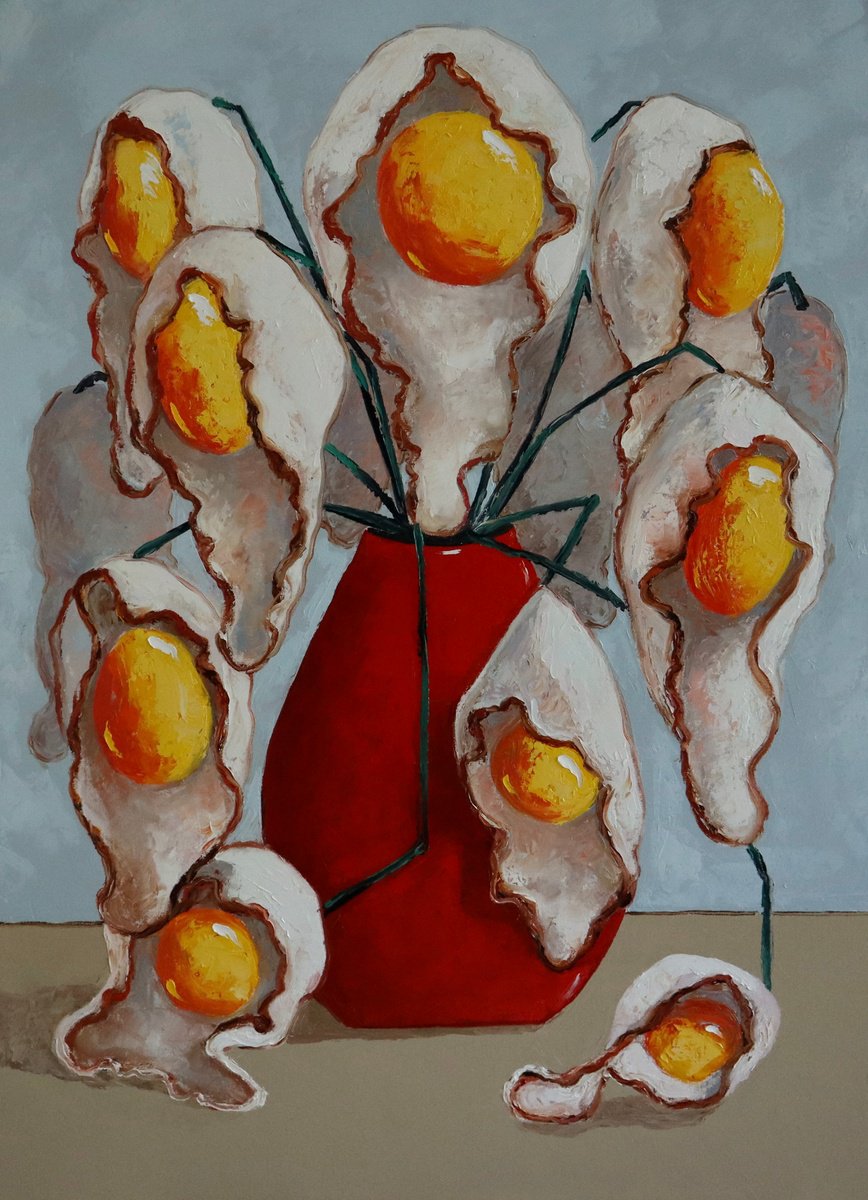 Egg flowers in red vase by Ta Byrne