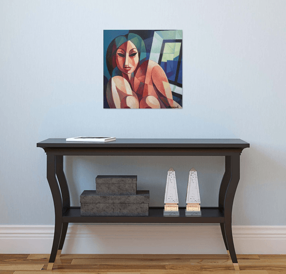Waiting (50x50cm, cubism, oil painting, ready to hang)