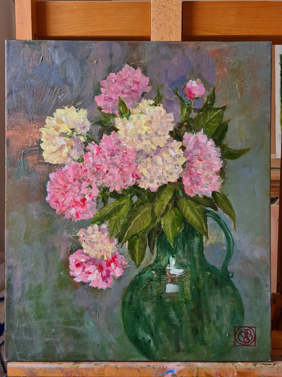 Peonies in Green Vase