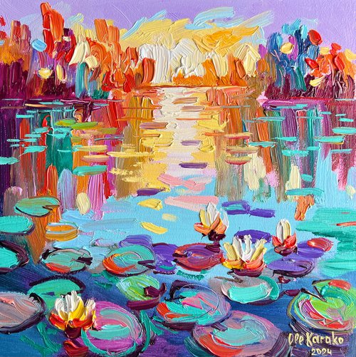 Sunset on a Pond with Water Lilies by Ole Karako