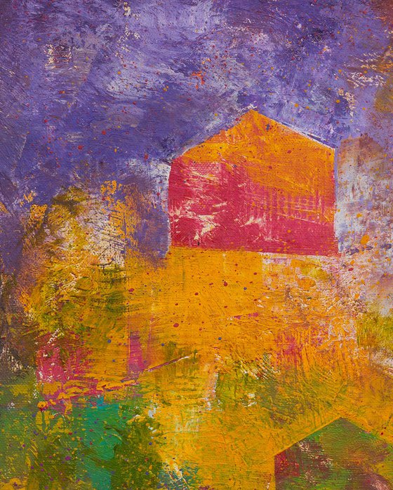 Houses floating into the Sunrise - Abstract painting