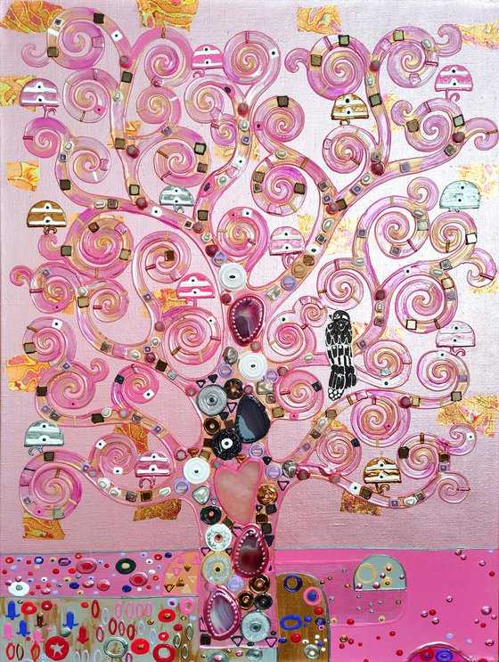 Tree of life Gustav Klimt. Precious stones relief pink painting