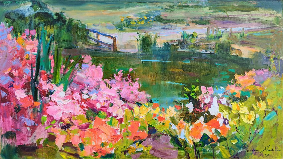 Impressionistic Landscape Oil Painting By Helen Shukina, 31 X 18, Summer Impressions . Azalea And Lake, Original Artwork