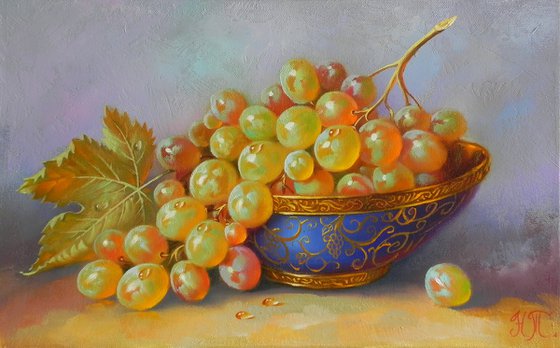 "Still Life with white grapes " Oil on canvas Original art Kitchen decor