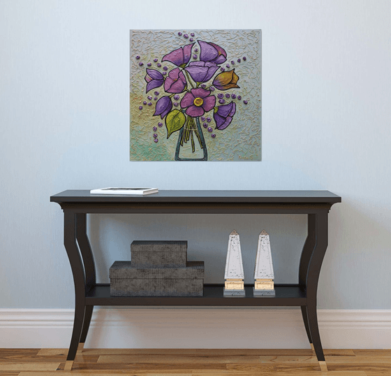 Purple Tulips Painting, Bouquet of Flowers, Modern Textured Floral Art