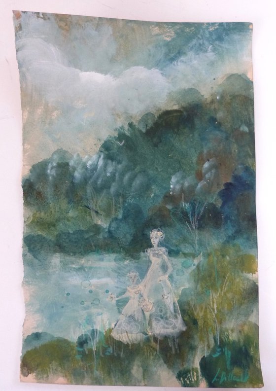 "A Sunday at the lake" on old paper 28x18cm