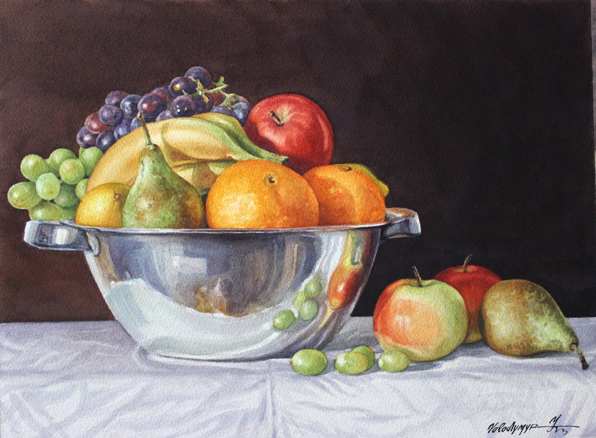 Still Life Watercolour By Volodymyr Melnychuk, 15 X 11", Still Life With Fruit, Original Artwork