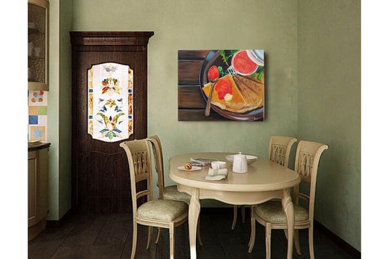 Crepes with Caviar. Russian Maslenitsa. Spectacular interior painting with Russian crepes and caviar. Original Oil Painting on Canvas.