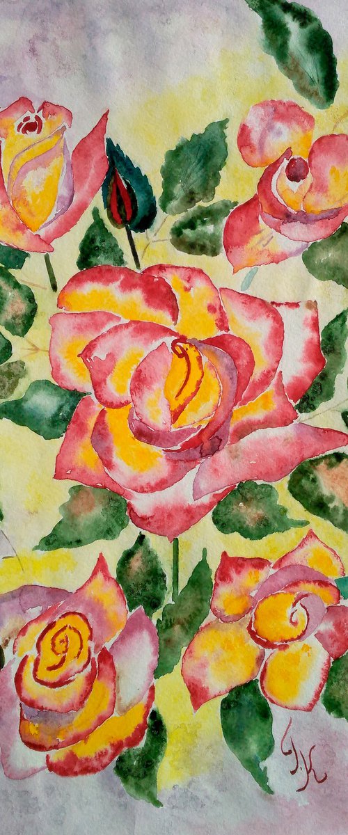 Roses Original Watercolor Painting by Halyna Kirichenko