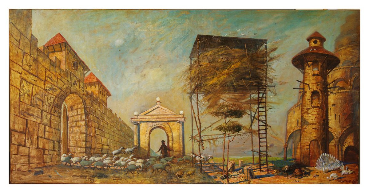 Surrealistic Animal Oil Painting By Serhiy Roy, 47 X 24", A Walk, Original Artwork