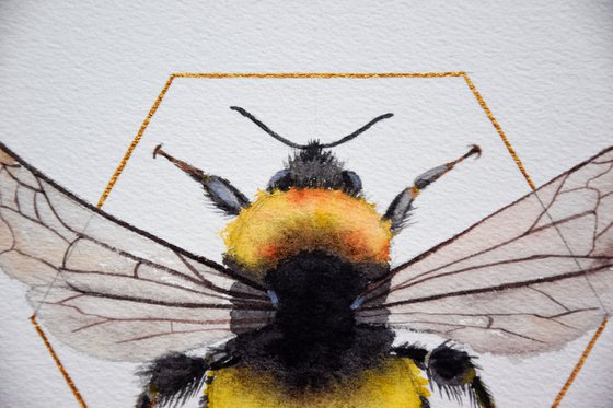 Bee Painting, Bumblebee Wall Art, Bee Original Watercolor Painting, Square Art