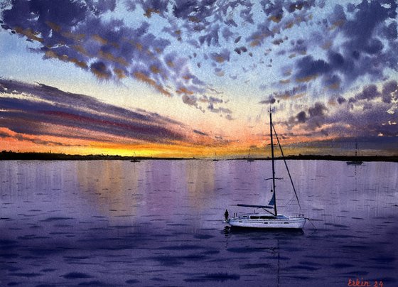 Sunset Seascape Watercolor Art.