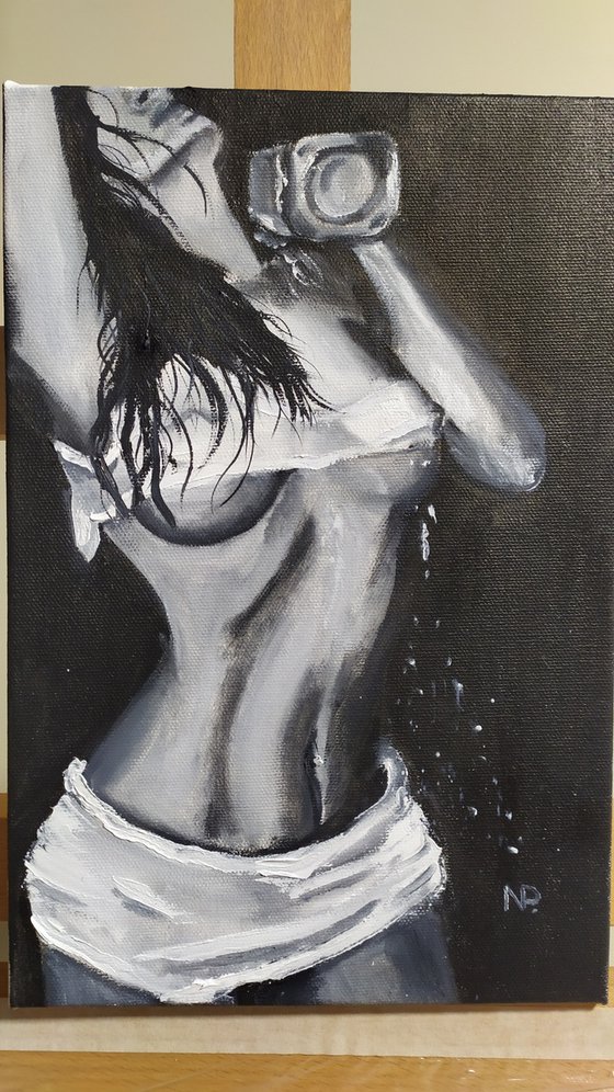 Girl, erotic nude oil painting, gift art, black and white painting