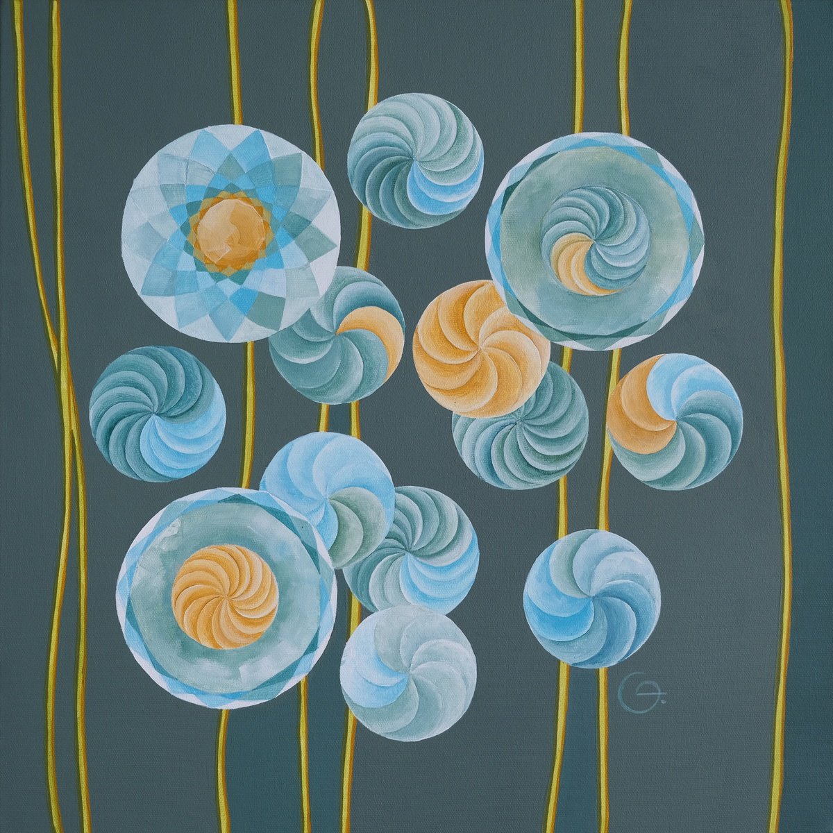 Geometric Botanical Acrylic Painting By Tetiana Gryshchenko, 20 X 20", Dandelions. 8:13, Original Artwork
