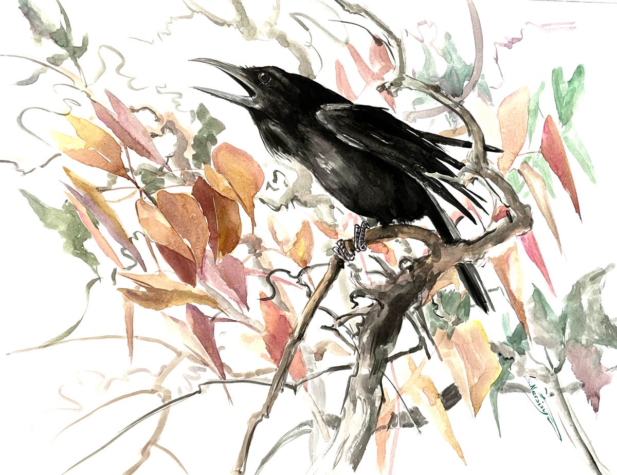 Expressive Animal Watercolour By Suren Nersisyan, 24 X 18", Raven In The Woods, Original Artwork