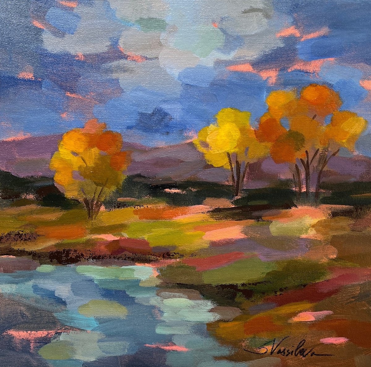 Impressionistic Landscape Acrylic Painting By Silvia Vassileva, 15 X 15", October Glow, Original Artwork