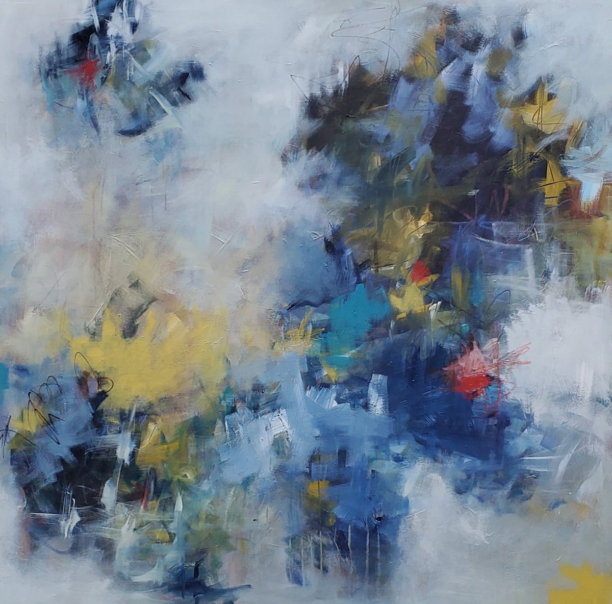 Expressive Abstract Acrylic Painting By Niyati Jiwani, 48 X 48", Rays Of Gold, Original Artwork