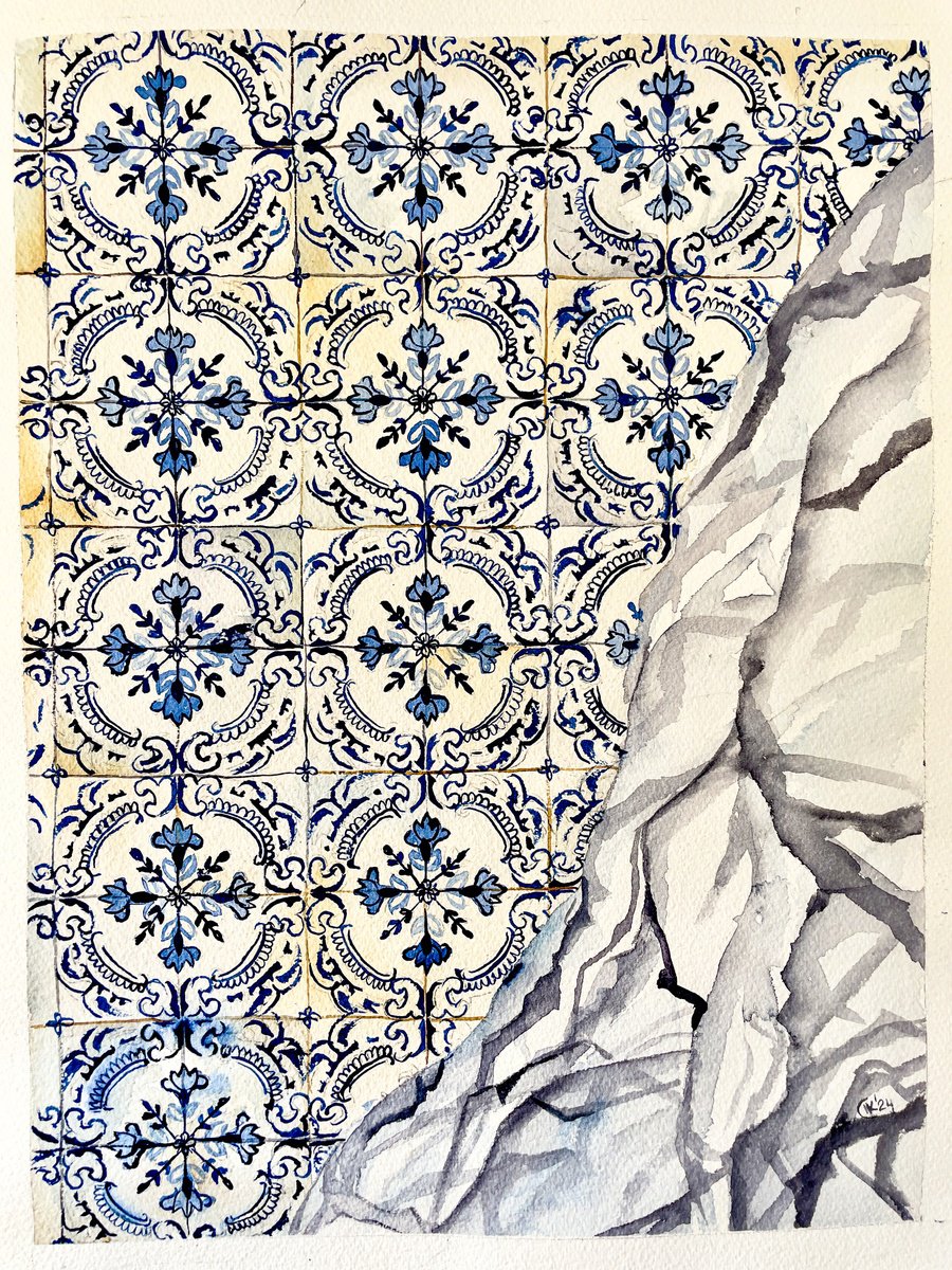 Photorealistic Watercolour , Floral Blue Azulejo Tiles Revealed By Irina Kurganskaya, 12 X 16, Artwork For Sale On Artfinder