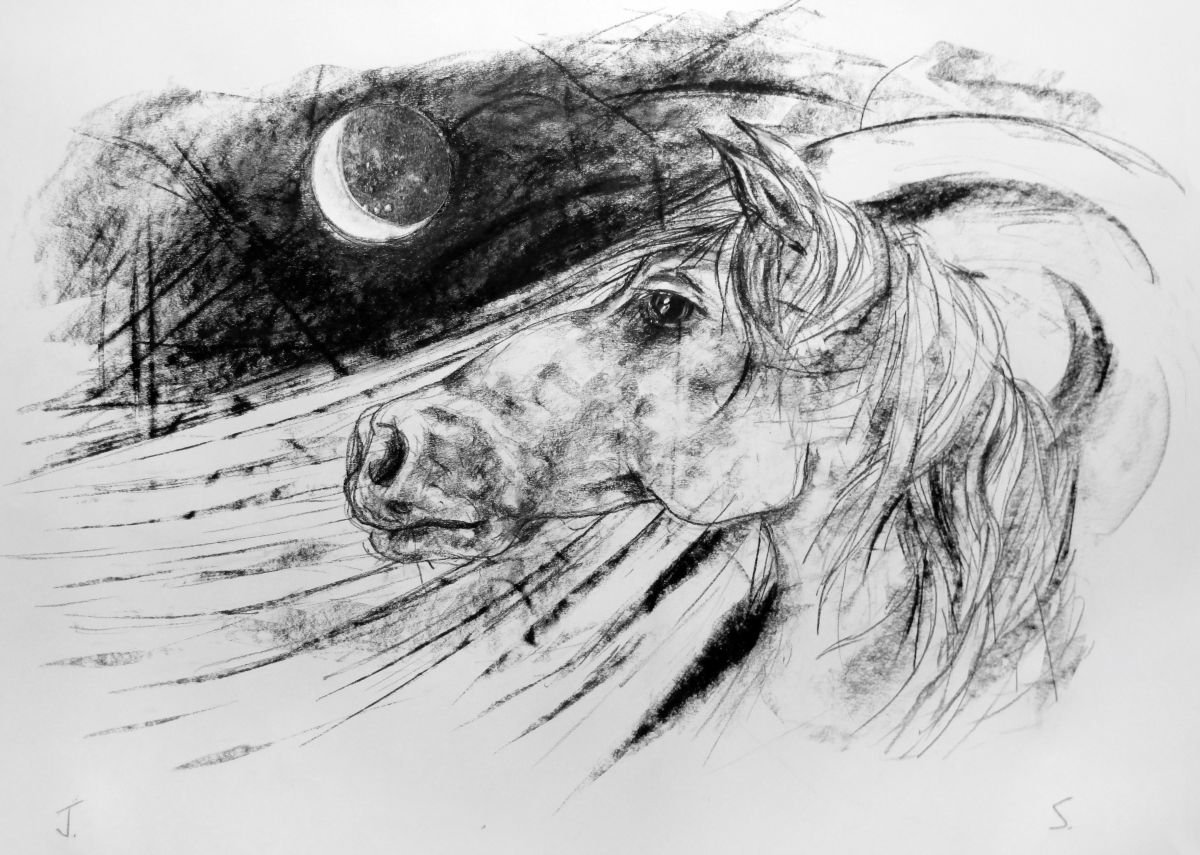 Surrealistic Abstract Charcoal Drawing By John Sharp, 39 X 26, Pegasus And Moon, Original Artwork