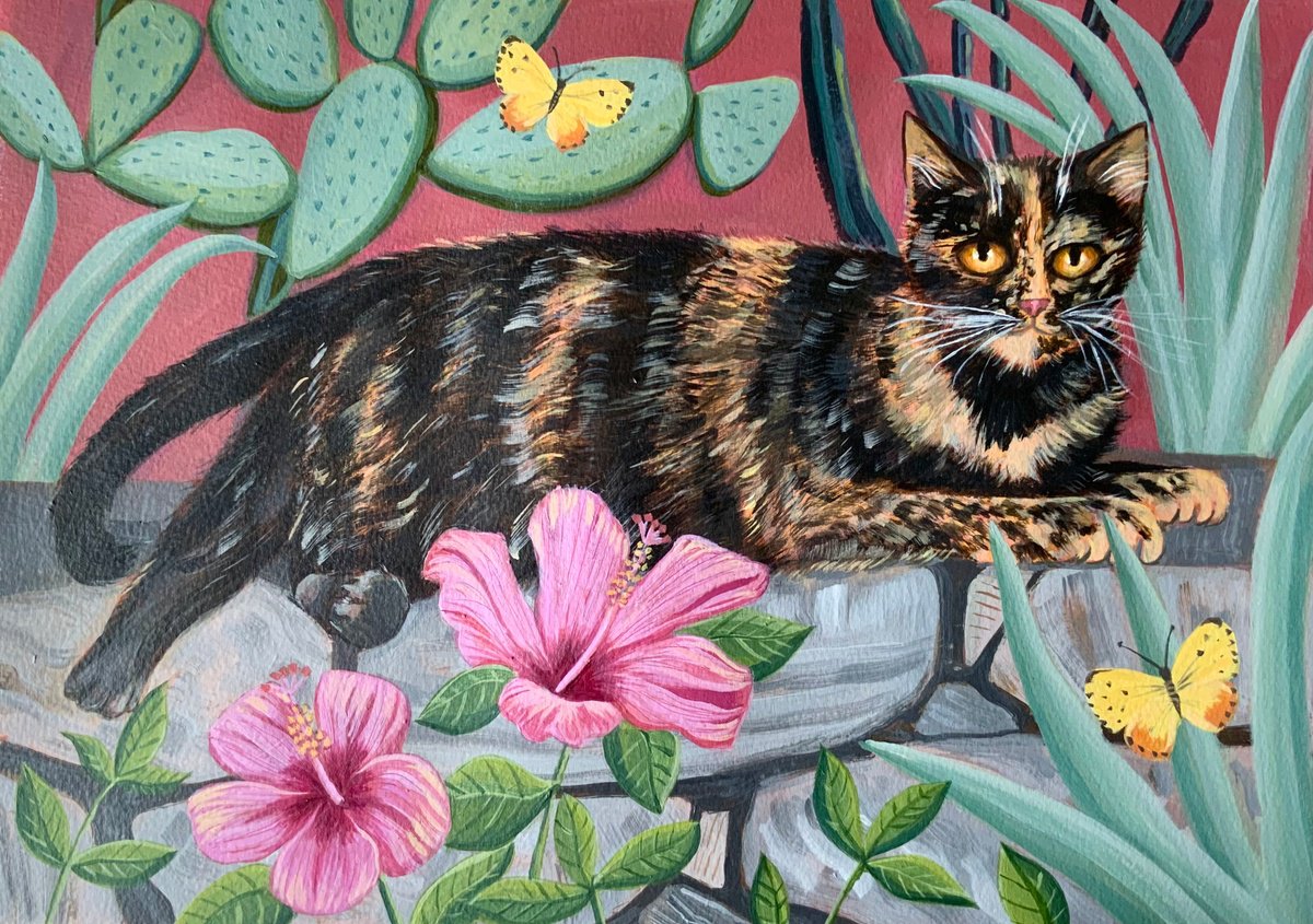 Illustrative Animal Acrylic Painting By Mary Stubberfield, 15 X 11", Cactus Garden Cat, Original Artwork