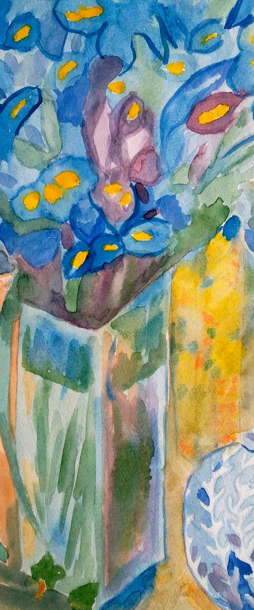original watercolor painting blue irises in vase #bouquet in vase"Vase with blue irises " by Halyna Kirichenko