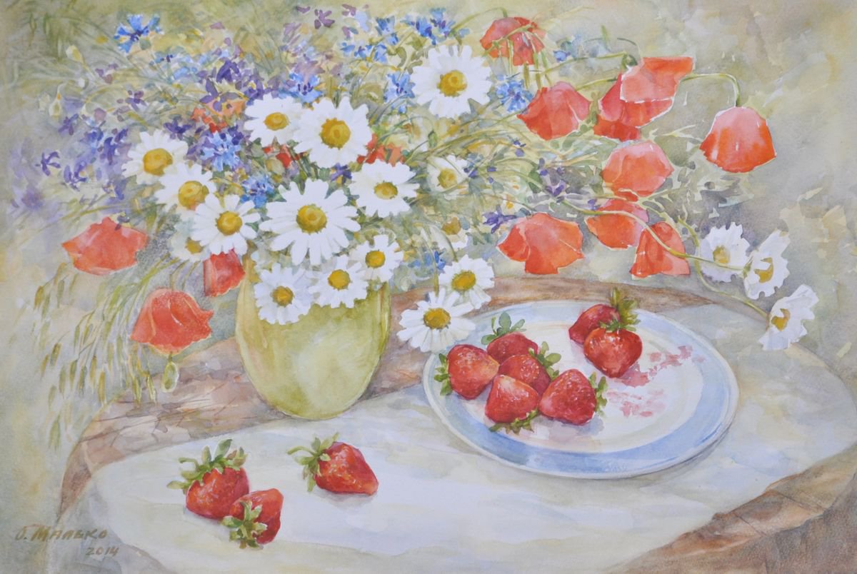 The strawberry summer / Meadow flowers and red berries Watercolor still life by Olha Malko