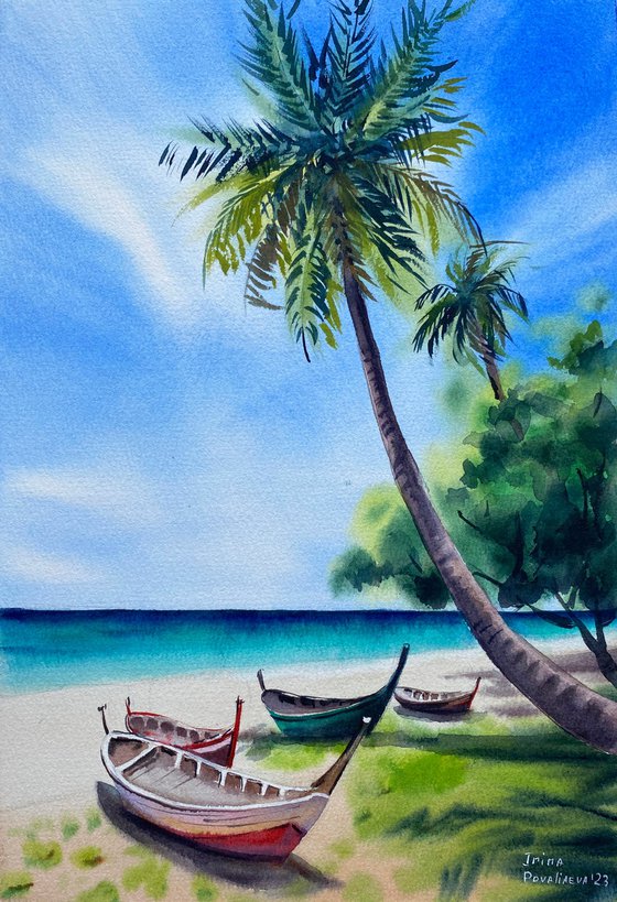 Coastal Harmony watercolor painting, original coastal painting,  blue sea painting with palms