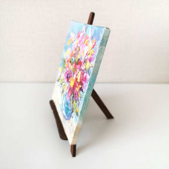 Wild flowers bouquet in vase. Impressionist small floral painting