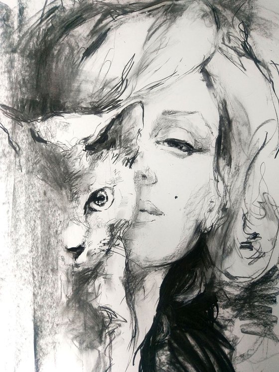 XL BIG Marilyn Monroe portrait with cat /Charcoal Modern Expressive Drawing Portrait / Cat /Celebrity Realistic Portrait