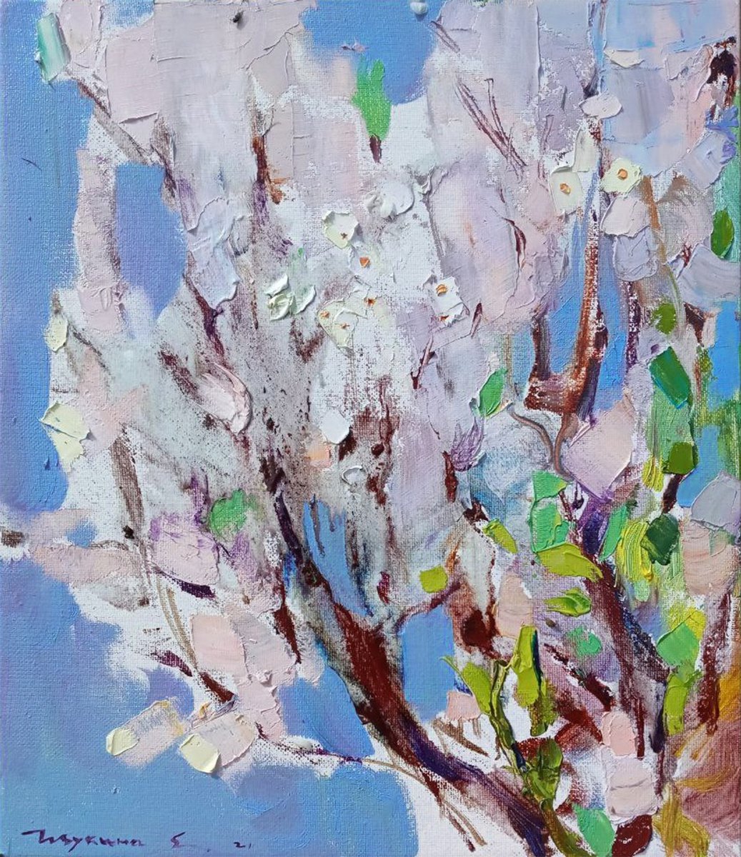 Blooming tree on blue. Original oil painting by Helen Shukina