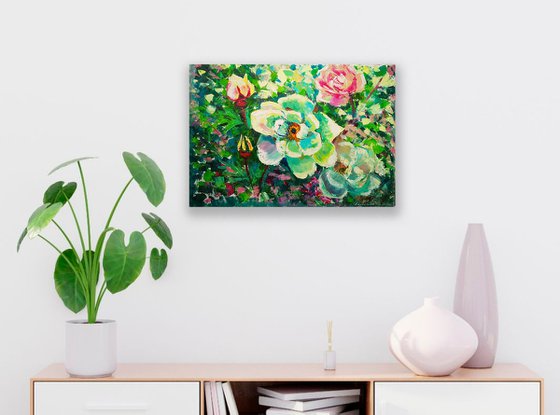 White rose hip, Wild Rose Painting Flower Original Art Abstract Floral Artwork 50x35 cm, ready to hang.