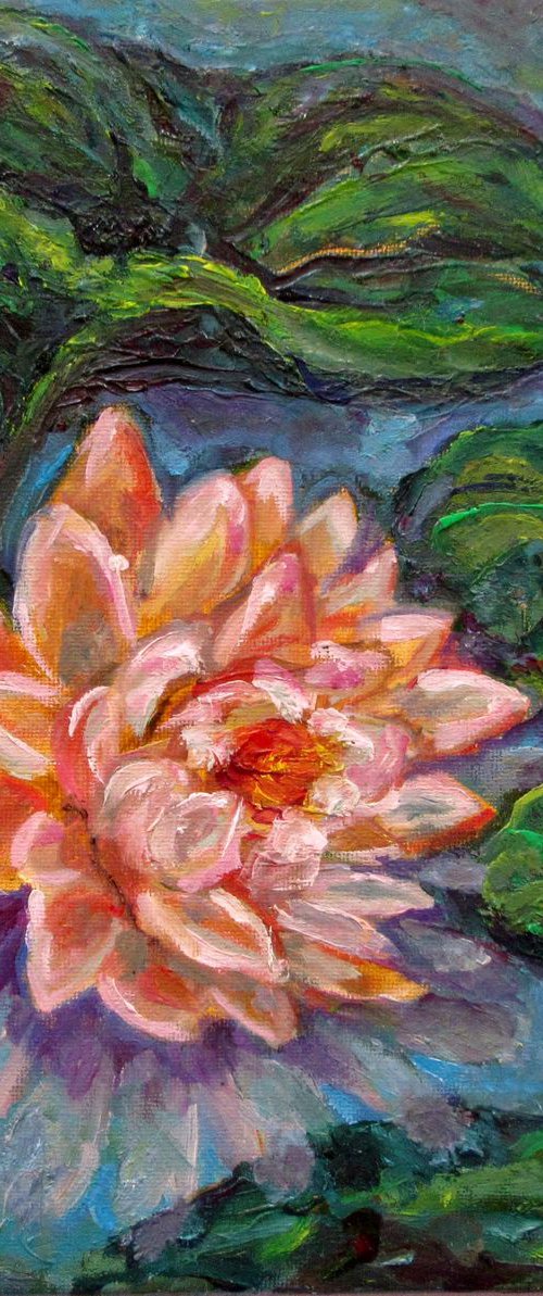 White Lotus Monet Style Original Oil on Canvas Artwork Waterlily Impressionism Minature Modern Floral Home Decor Fine Art/ Small Oil Painting 8x8in (20x20cm) Christmas Gift for Mother by Katia Ricci