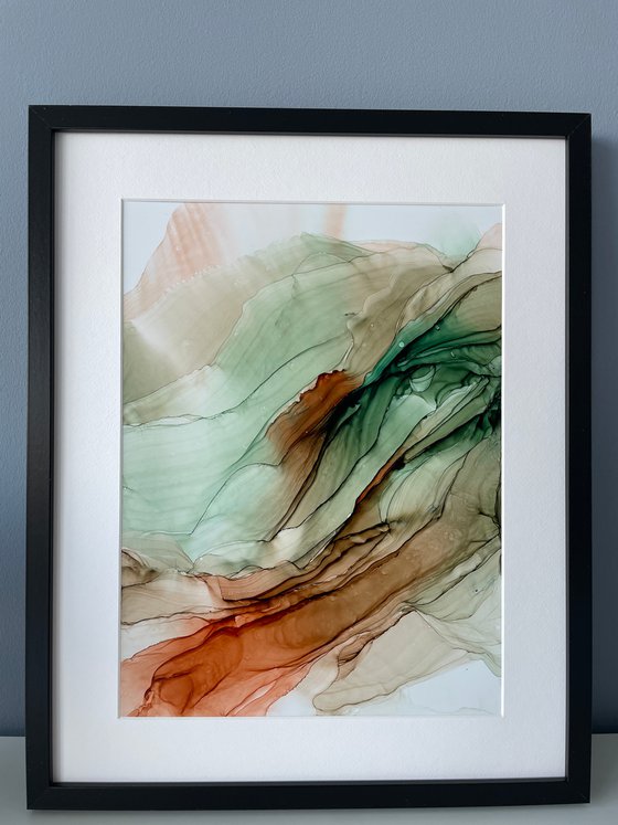 ABSTRACTION  GREEN BROWN - alcohol ink , synthetic paper