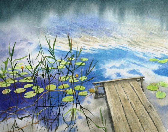 Serenity on the Lake - old wooden deck on a lake -  water lily lake