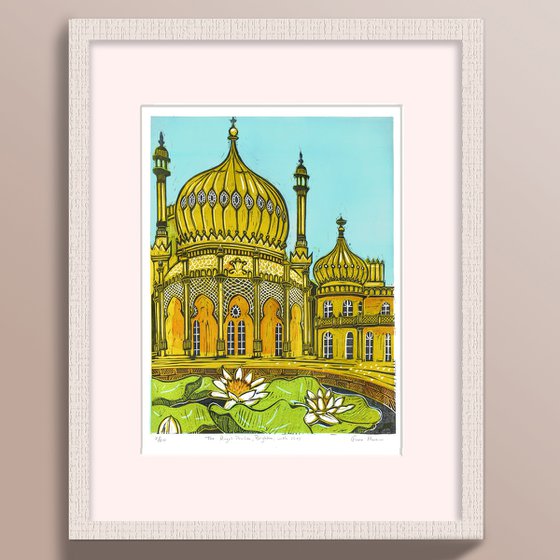 The Royal Pavilion, Brighton, with lilies. Large Limited Edition linocut No.2