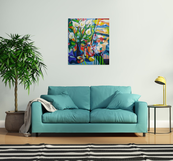Still life with callas(80x90cm, cubism, oil painting, ready to hang)