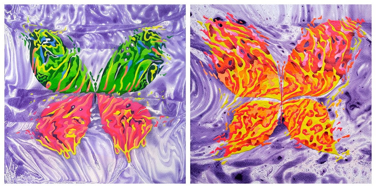 Abstract Animal Acrylic Painting By Mariia Raskin, 20 X 10", Set Of 2 «Violet Dawn», Original Artwork