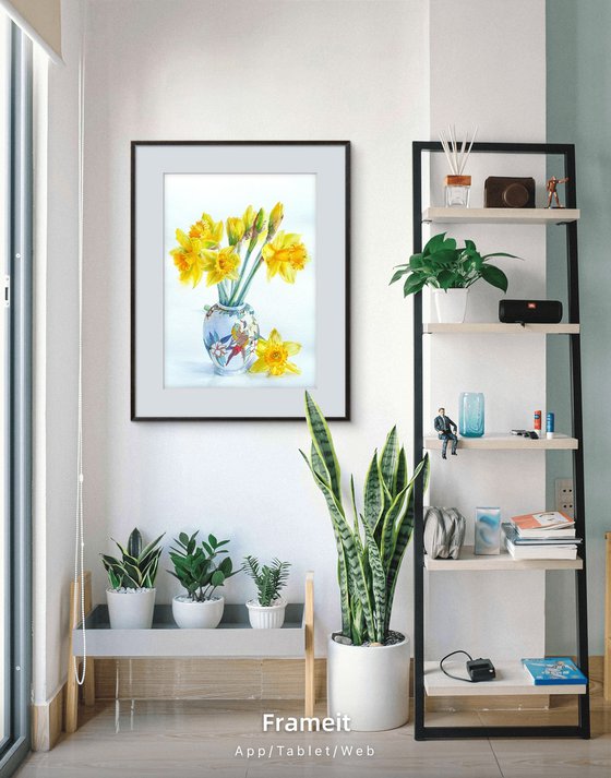 Golden Daffodils in a Chinoiserie Parrot Vase