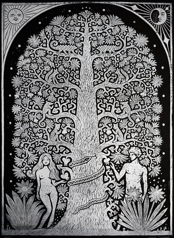 Adam and Eve linocut print.