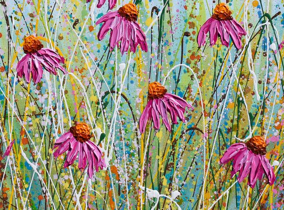 Pink Echinacea- Textured Floral Painting, Palette knife art